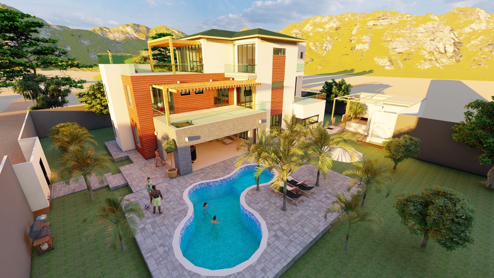 Villa and pool - evening view